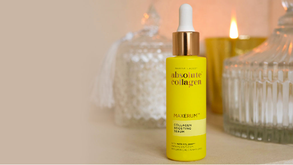 Blog header image of Maxerum Absolute Collagen booster serum in bathroom 